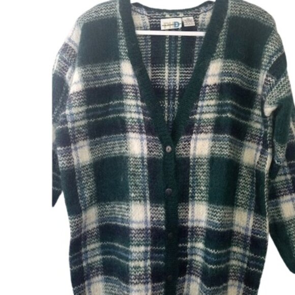 Vintage Paul Harris Womens Cardigan Sweater Green Combo Plaid Mohair Blend L - Picture 2 of 3